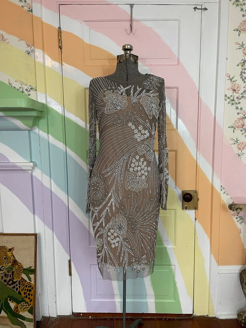 Adrianna Papell Size 6 Floral Beaded Sheath Cocktail Dress